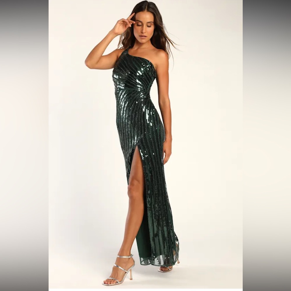 Lulu's Visions of Romance Emerald Green Sequin One-Shoulder Maxi Dress Large